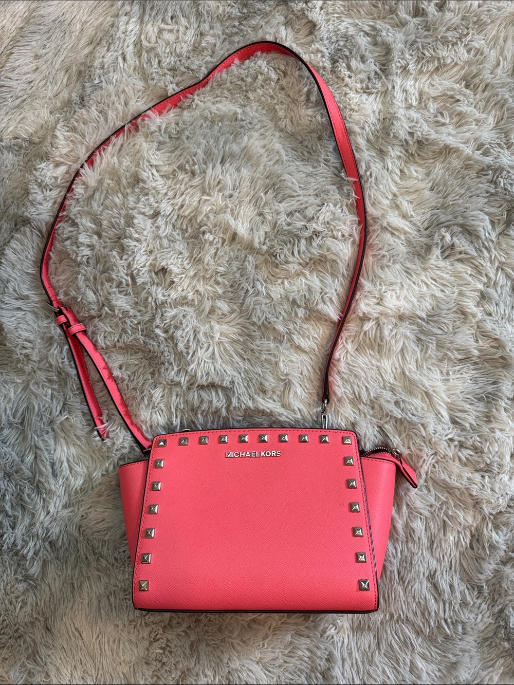 Michael Kors Coral Pink Studded Selma Crossbody Bag